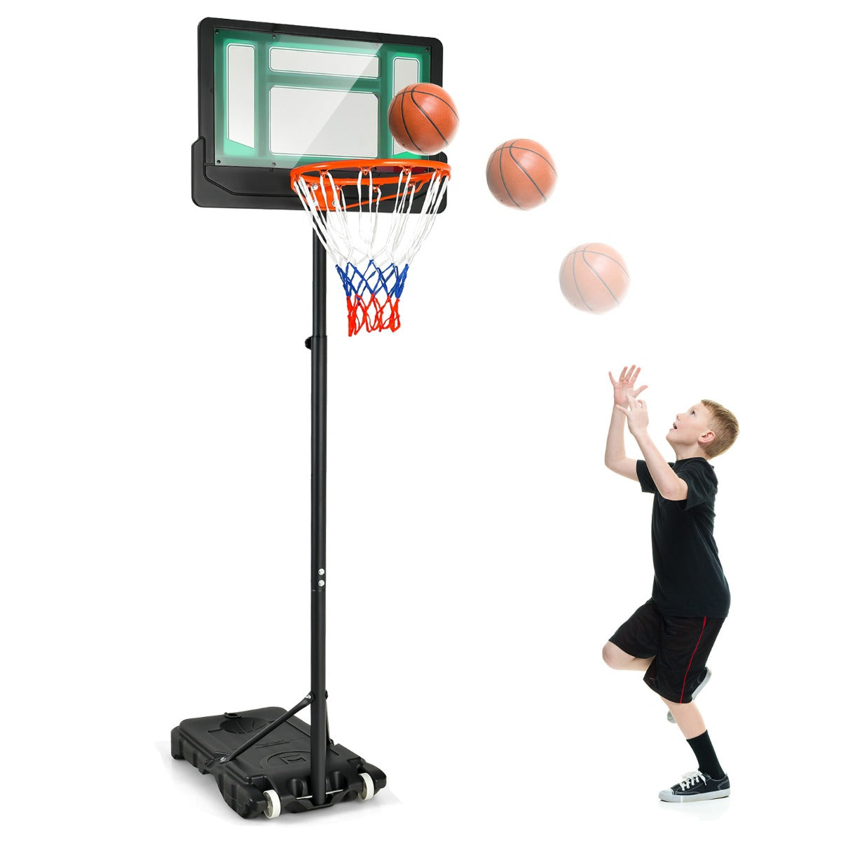 LIVSK Basketbalkorf op Wielen - Verstelbare Hoogte 132-250 cm - Stabiele Haak - Duurzaam en Weerbestendig - Blauw/Rood/Groen+Zwart