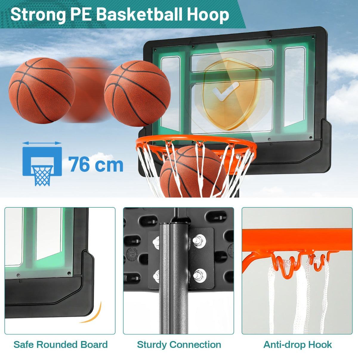 LIVSK Basketbalkorf op Wielen - Verstelbare Hoogte 132-250 cm - Stabiele Haak - Duurzaam en Weerbestendig - Blauw/Rood/Groen+Zwart