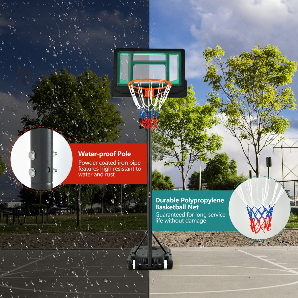 LIVSK Basketbalkorf op Wielen - Verstelbare Hoogte 132-250 cm - Stabiele Haak - Duurzaam en Weerbestendig - Blauw/Rood/Groen+Zwart