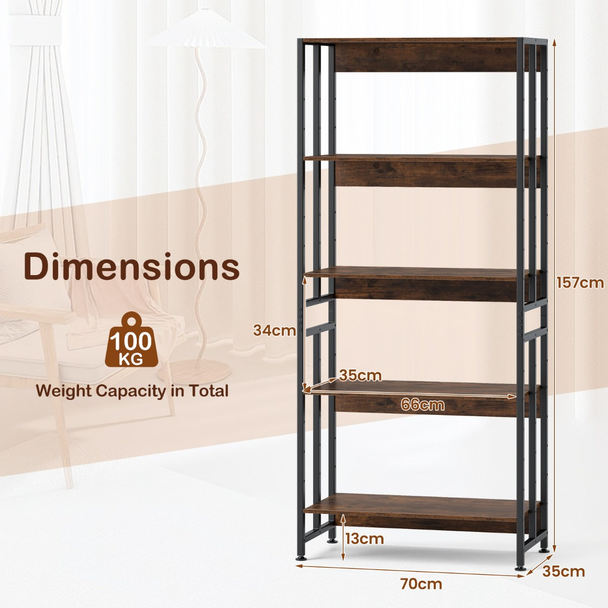 LIVSK Industriële Boekenkast 157 cm - 5 Verstelbare Planken - Stevig Metalen Frame - Kantelbeveiliging - Tot 100 kg - Zwart