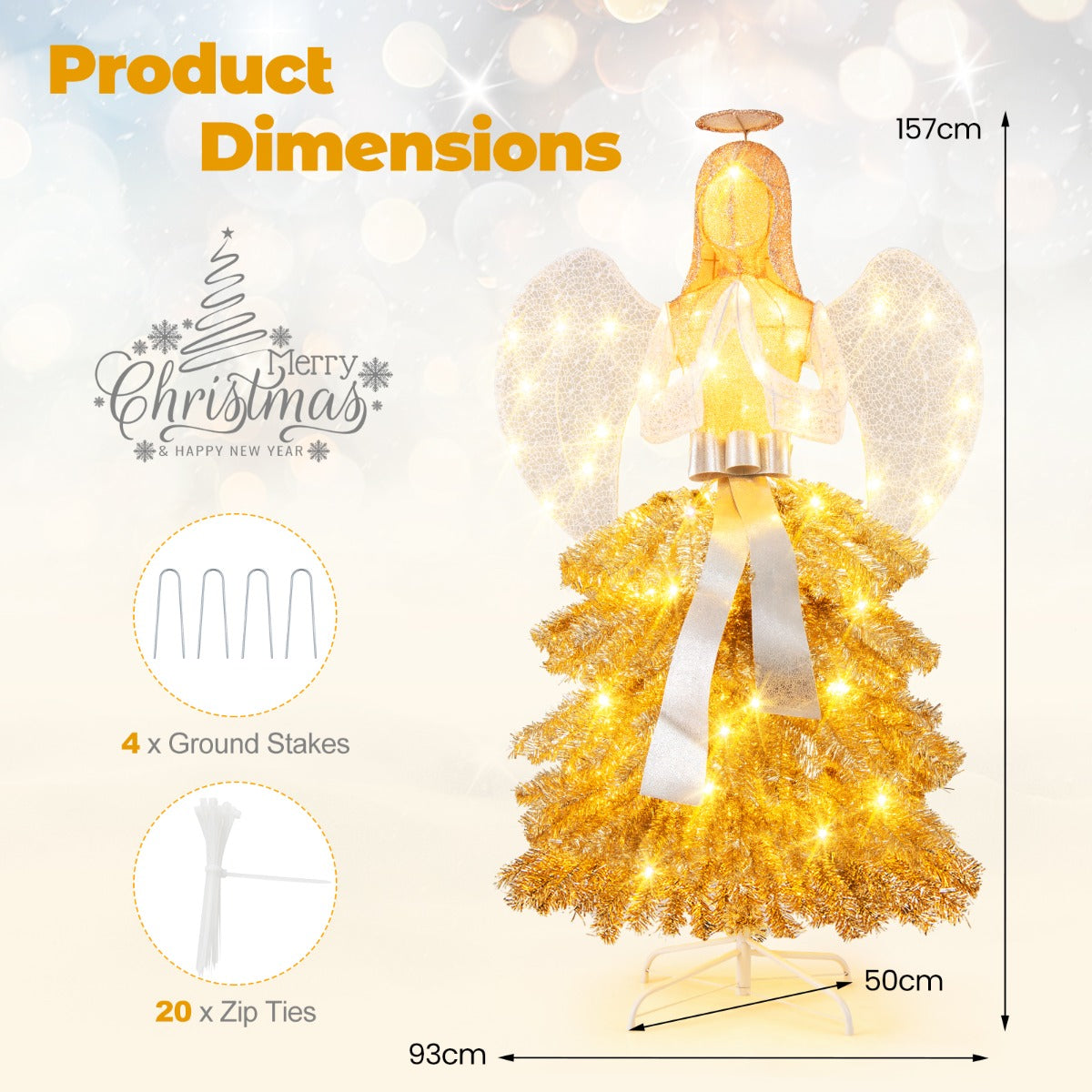 LIVSK Engel Kerstboom - Verlicht met 150 LED-lampjes - Waterdicht - Metalen Voet - Voor Binnen en Buiten - Goud + Wit