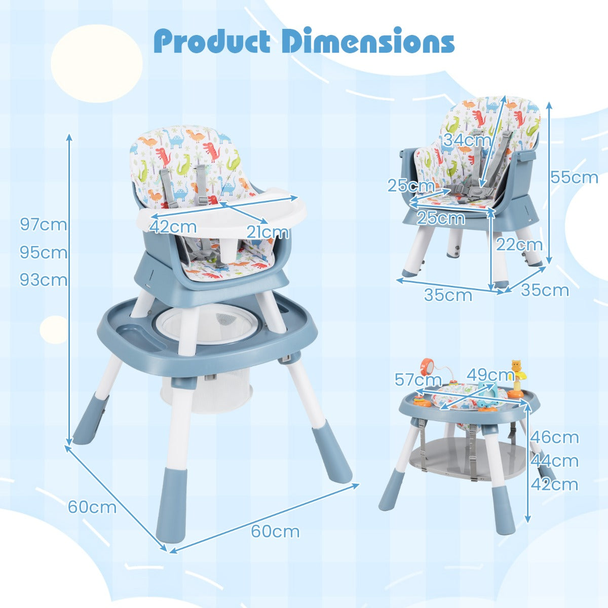 LIVSK 16 - in - 1 Multifunctionele Babyhoogstoel - Verstelbare Hoogte - Afneembaar Dienblad - 5 - Punts Gordel - Blauw/Wit - Voor
