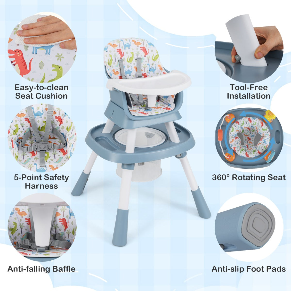 LIVSK 16 - in - 1 Multifunctionele Babyhoogstoel - Verstelbare Hoogte - Afneembaar Dienblad - 5 - Punts Gordel - Blauw/Wit - Voor