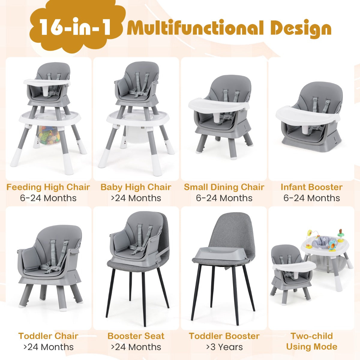 LIVSK 16 - in - 1 Multifunctionele Baby - Hoge Kinderstoel - Verstelbaar - Afneembaar Dienblad - 5 - Punts Gordel