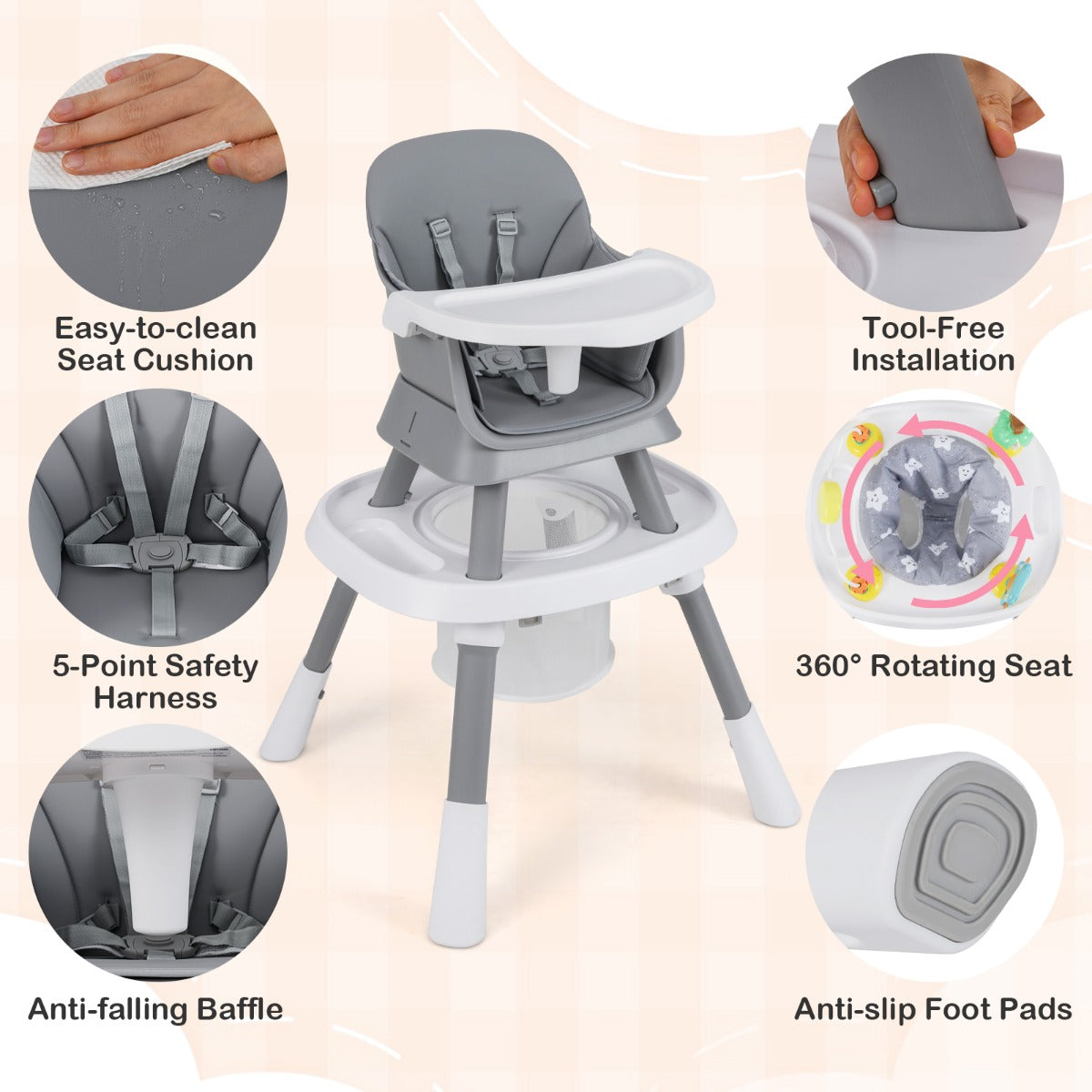 LIVSK 16 - in - 1 Multifunctionele Baby - Hoge Kinderstoel - Verstelbaar - Afneembaar Dienblad - 5 - Punts Gordel