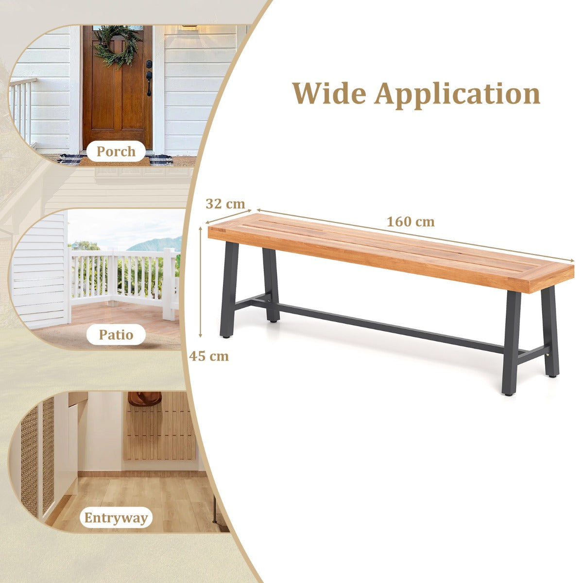 LIVSK Buitenbank van Acaciahout - 3-Persoons - Stevig Metaal Frame - Antislip Pads - Tot 360 kg - Natuurlijk en Zwart