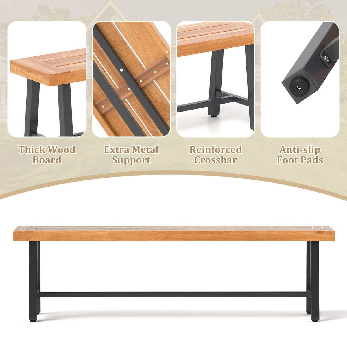 LIVSK Buitenbank van Acaciahout - 3-Persoons - Stevig Metaal Frame - Antislip Pads - Tot 360 kg - Natuurlijk en Zwart