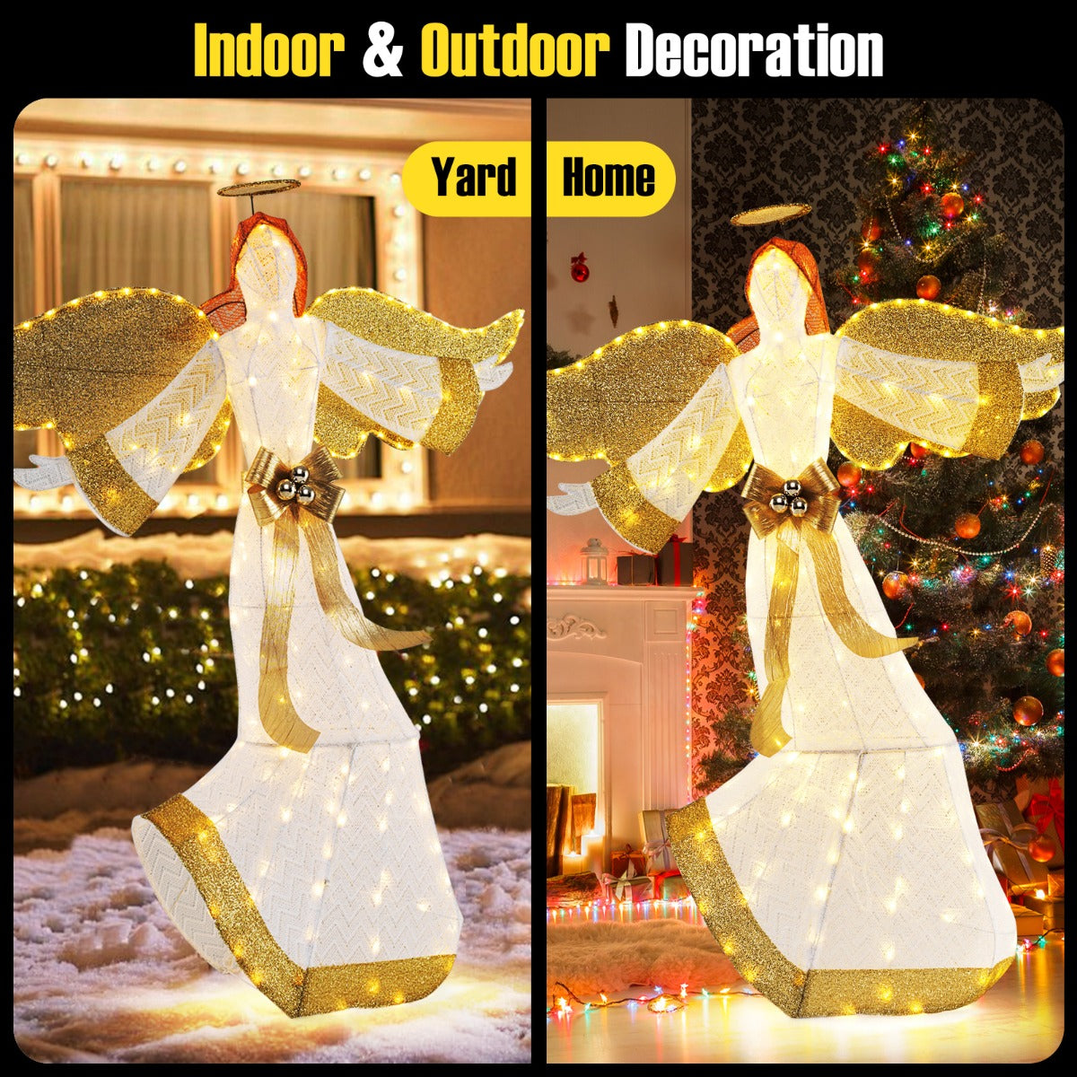 LIVSK Verlichte Kerstengel - 180 Warmwitte LED-lampen - Weerbestendig - Met Halo en Vleugels - 160 cm - Wit