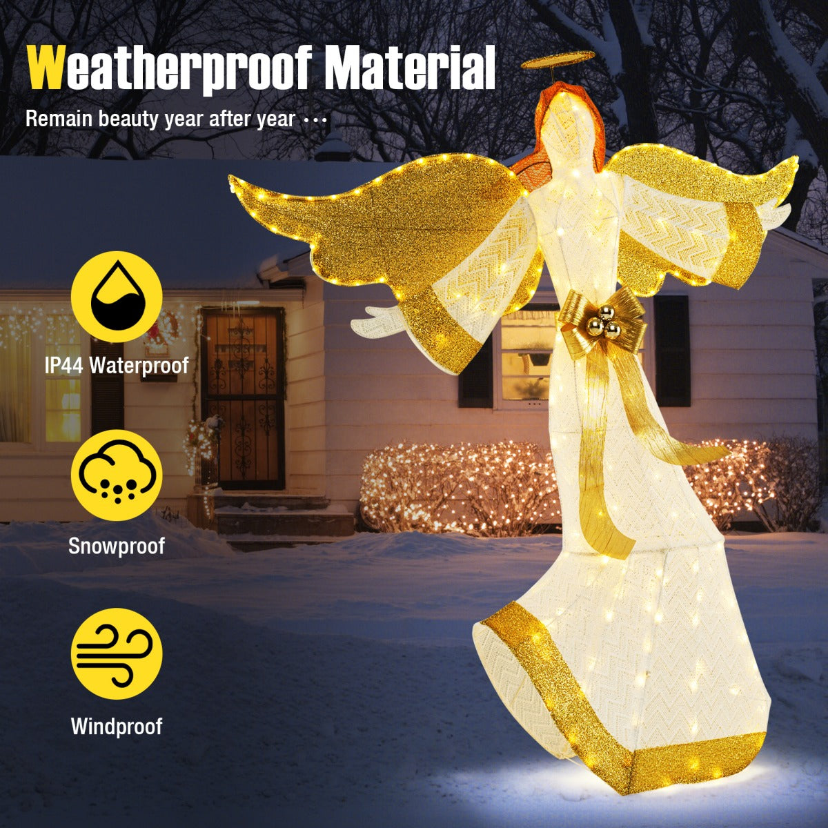 LIVSK Verlichte Kerstengel - 180 Warmwitte LED-lampen - Weerbestendig - Met Halo en Vleugels - 160 cm - Wit