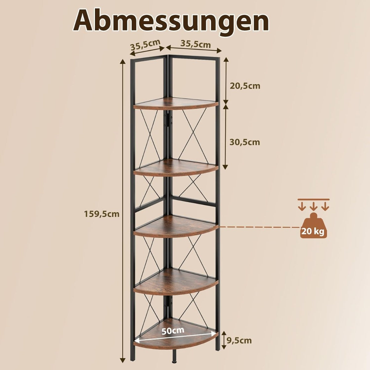LIVSK Hoekboekenkast - 5 Open Planken - Stabiel Metalen Frame - Multifunctioneel - Verstelbare Voetensteun - Vintage bruin
