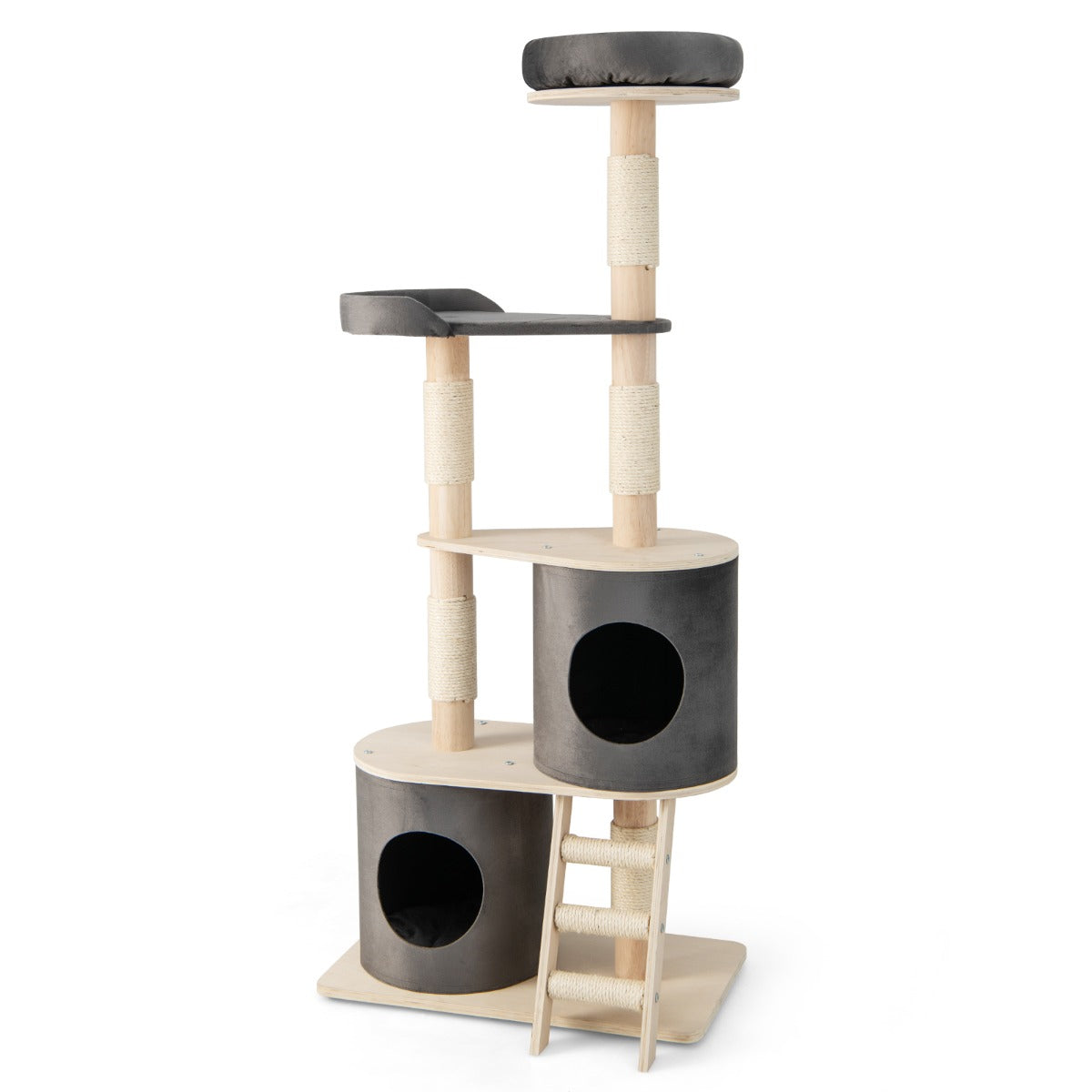LIVSK Krabpaal voor Katten - Activiteitencentrum met 2 Condo's - Stevig Hout en Sisal - Antislip Glijders - 68 x 39 x 160 cm -