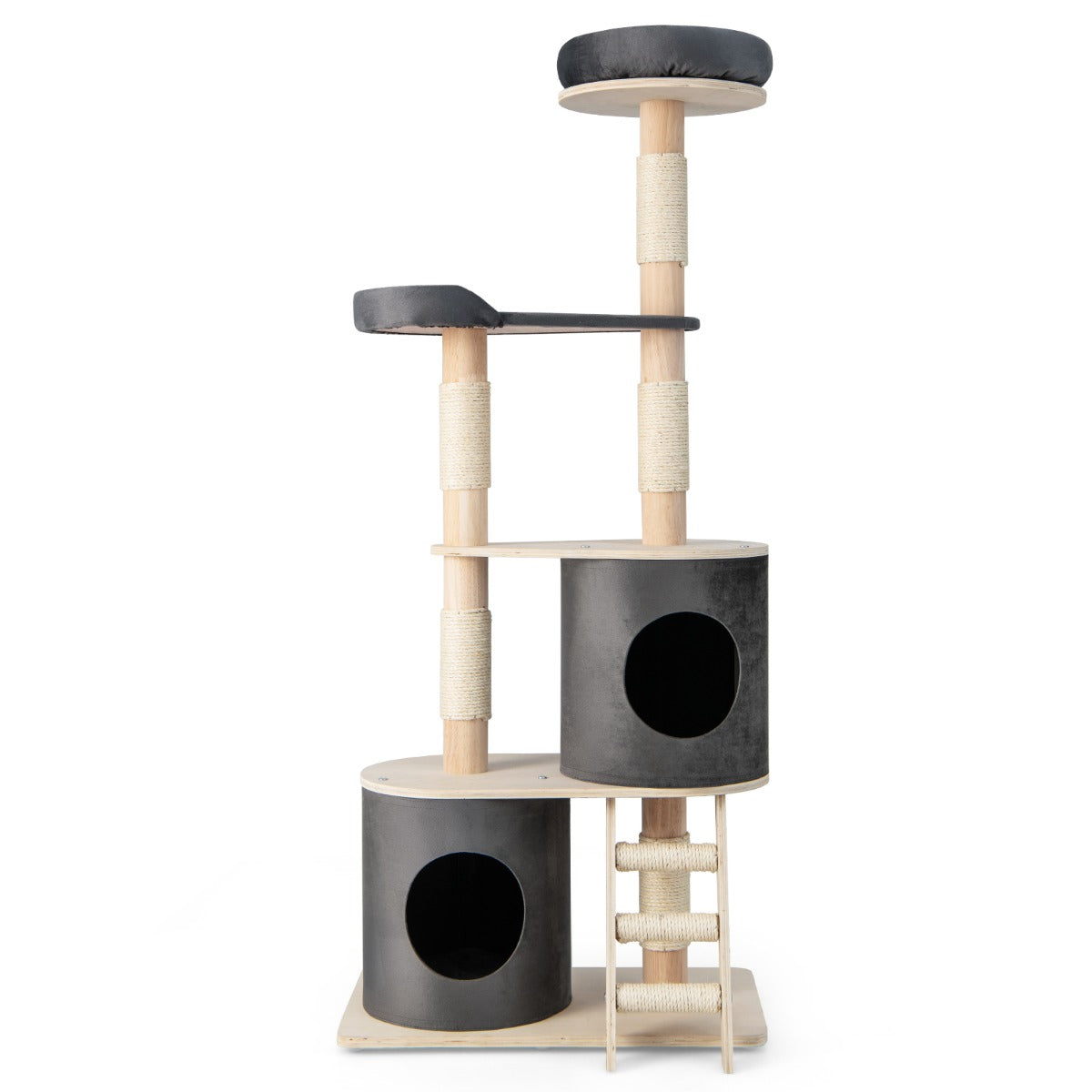 LIVSK Krabpaal voor Katten - Activiteitencentrum met 2 Condo's - Stevig Hout en Sisal - Antislip Glijders - 68 x 39 x 160 cm -