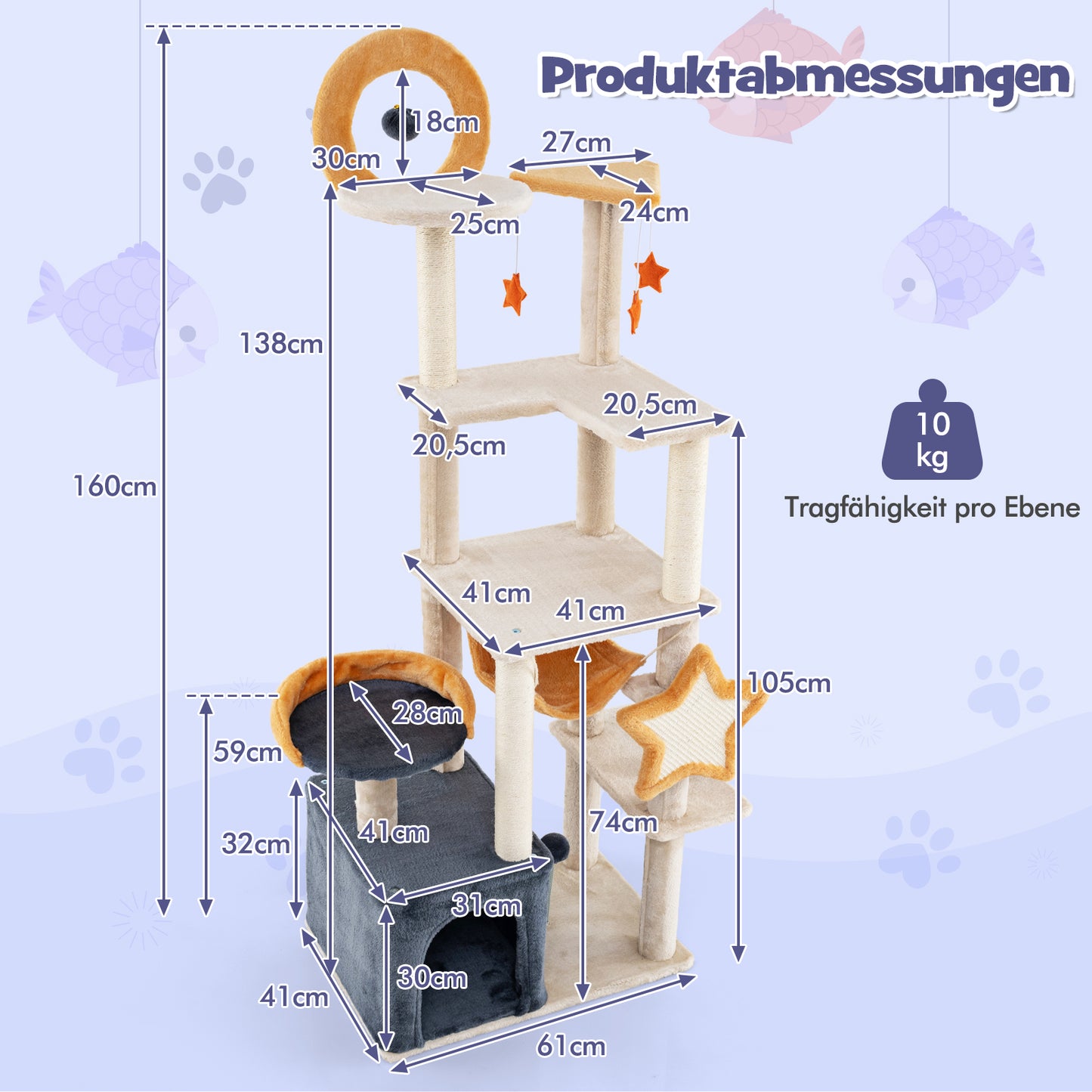 LIVSK Kattenboom Krabpaal - Meerdere Verdiepingen - Huis met Hangmat en Zitruimte - Sisal Krabpalen - Veilig en Stabiel - Beige