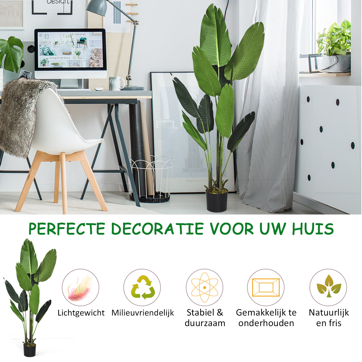 LIVSK Kunstmatige Palmboom - 10 Grote Bladeren - Realistisch Design - Onderhoudsvriendelijk - Binnen & Buiten - Groen