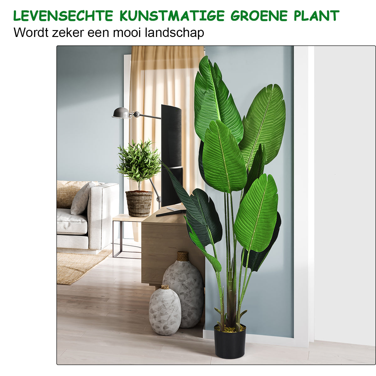 LIVSK Kunstmatige Palmboom - 10 Grote Bladeren - Realistisch Design - Onderhoudsvriendelijk - Binnen & Buiten - Groen