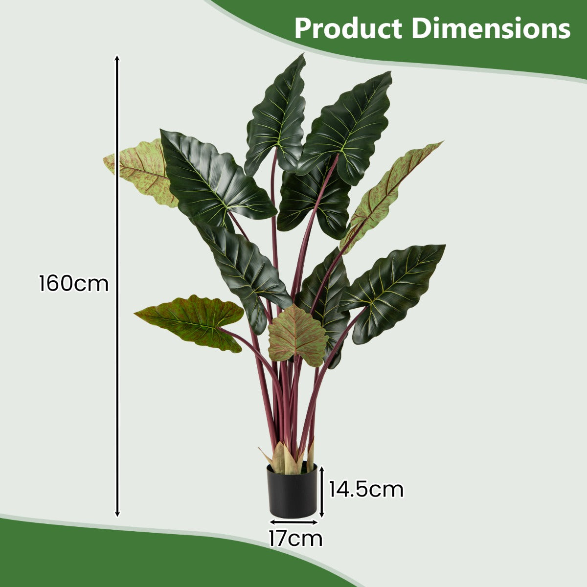 LIVSK Kunstmatige Regenboog-Taro-Plant - 160 cm Hoog - 11 Bladeren - Onderhoudsvriendelijk - Stabiliteit met Cementpot - Groen +