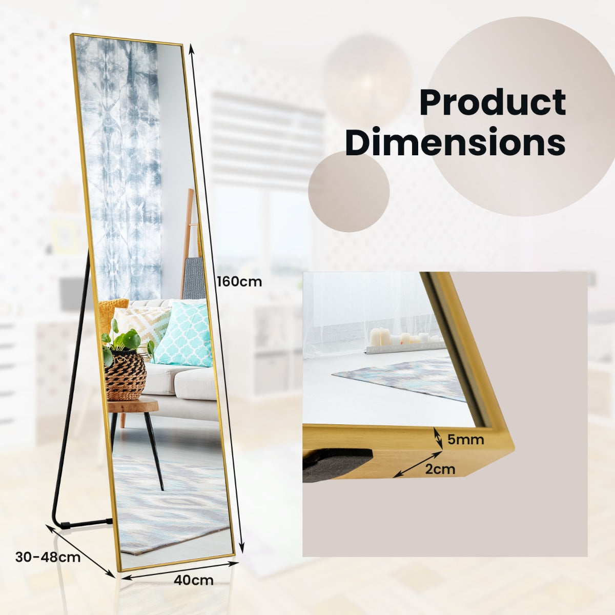 LIVSK Staande Spiegel met U-vormige Beugel - HD-kwaliteit - Breukvast Glas - Aluminium Legering - 160 x 40 x 2 cm - Goud