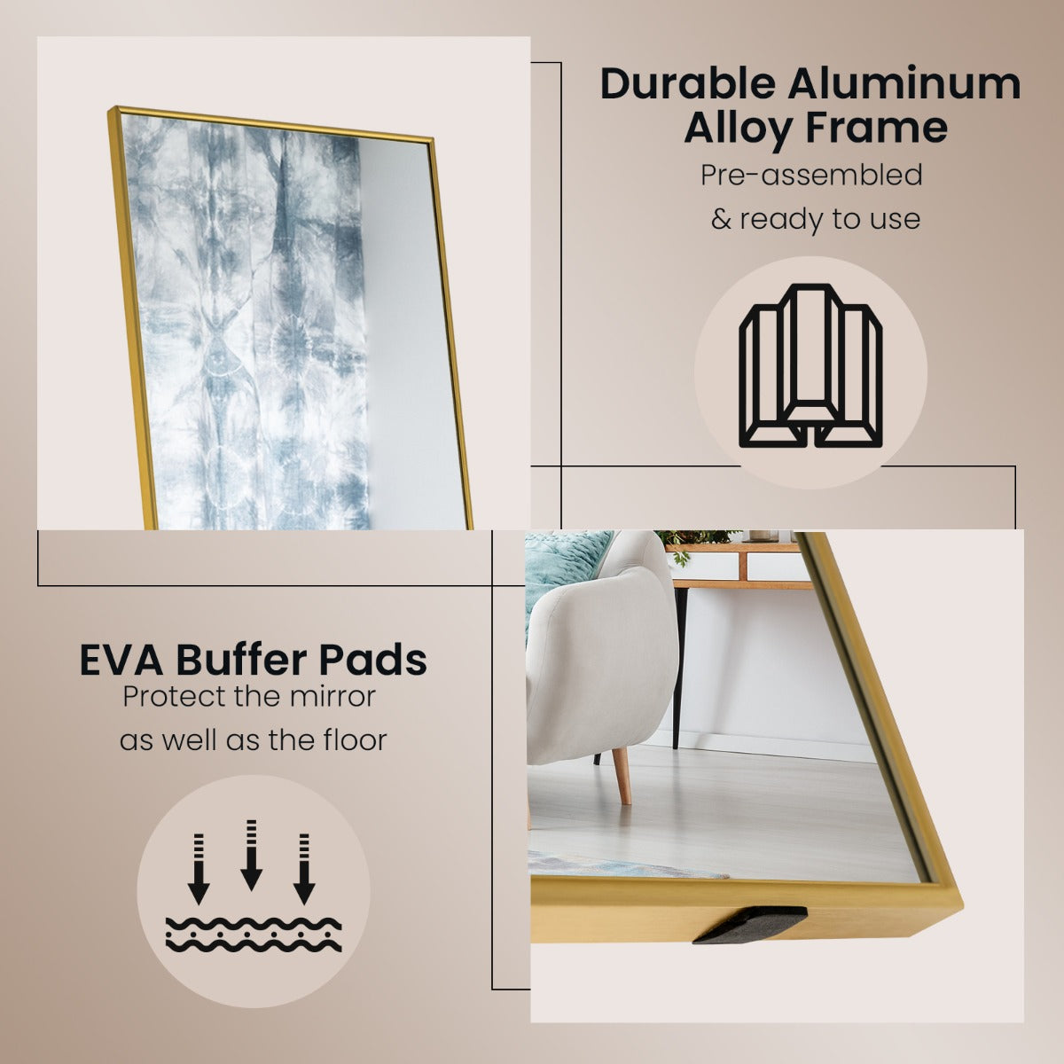 LIVSK Staande Spiegel met U-vormige Beugel - HD-kwaliteit - Breukvast Glas - Aluminium Legering - 160 x 40 x 2 cm - Goud