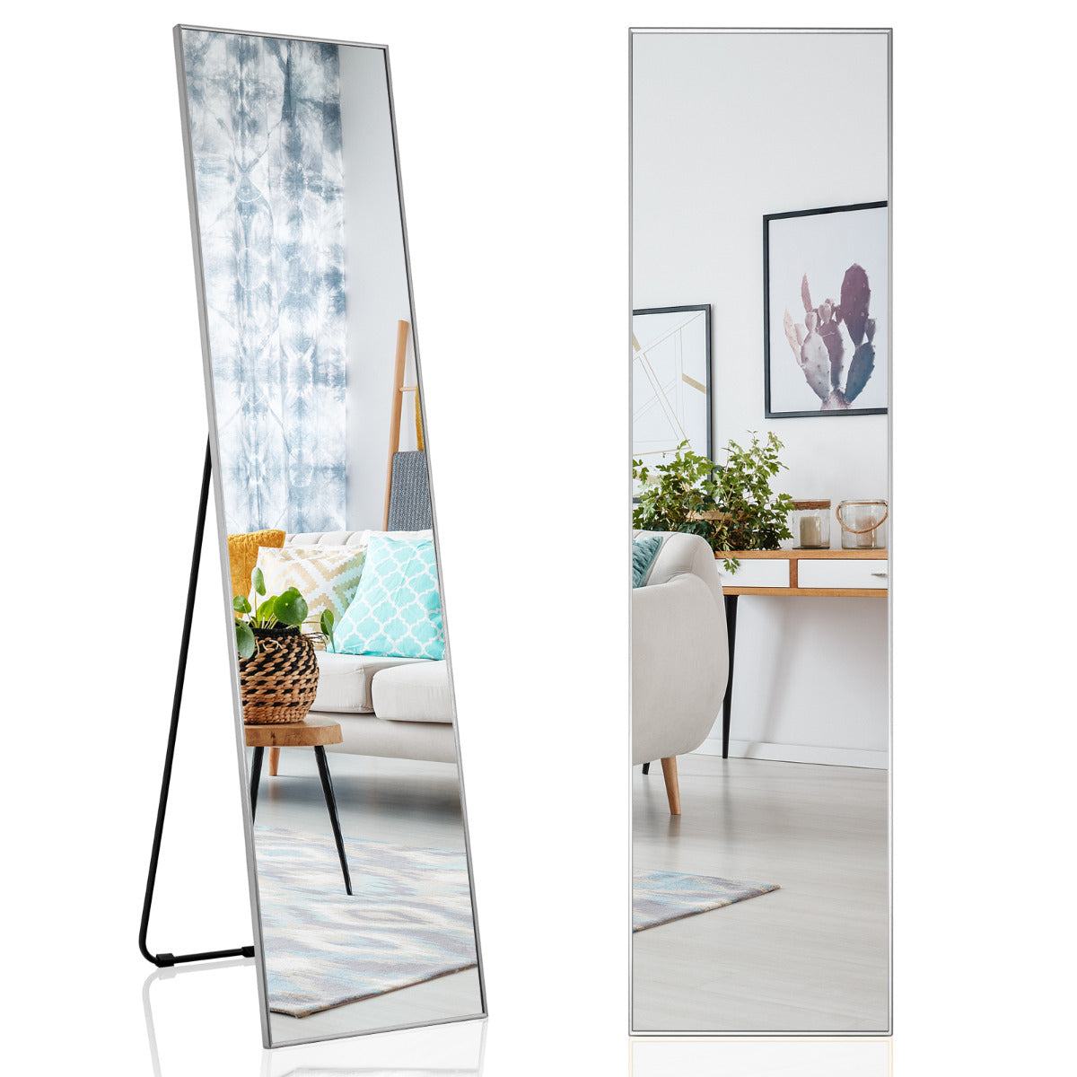 LIVSK Staande Spiegel Volledige Lengte - HD Glas - Aluminiumlegering - Drie Gebruiksmogelijkheden - 160 x 40 x 2 cm - Zilver