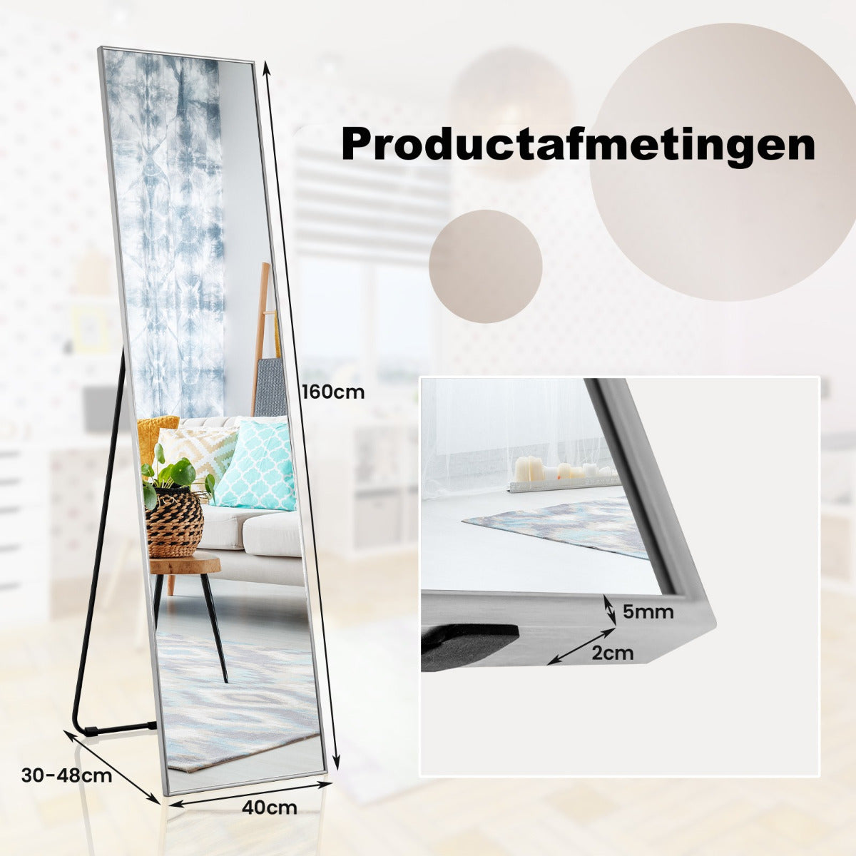 LIVSK Staande Spiegel Volledige Lengte - HD Glas - Aluminiumlegering - Drie Gebruiksmogelijkheden - 160 x 40 x 2 cm - Zilver