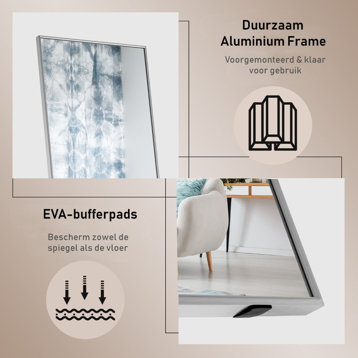LIVSK Staande Spiegel Volledige Lengte - HD Glas - Aluminiumlegering - Drie Gebruiksmogelijkheden - 160 x 40 x 2 cm - Zilver