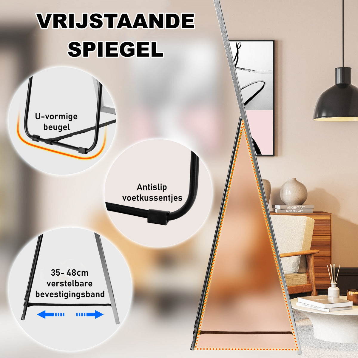 LIVSK Staande Spiegel Volledige Lengte - HD Glas - Aluminiumlegering - Drie Gebruiksmogelijkheden - 160 x 40 x 2 cm - Zilver