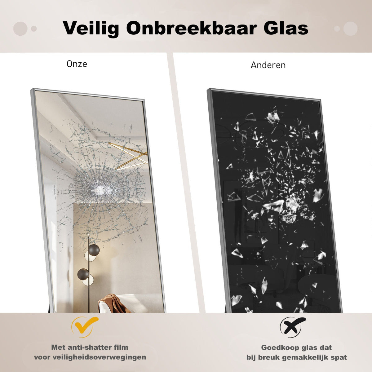 LIVSK Staande Spiegel Volledige Lengte - HD Glas - Aluminiumlegering - Drie Gebruiksmogelijkheden - 160 x 40 x 2 cm - Zilver