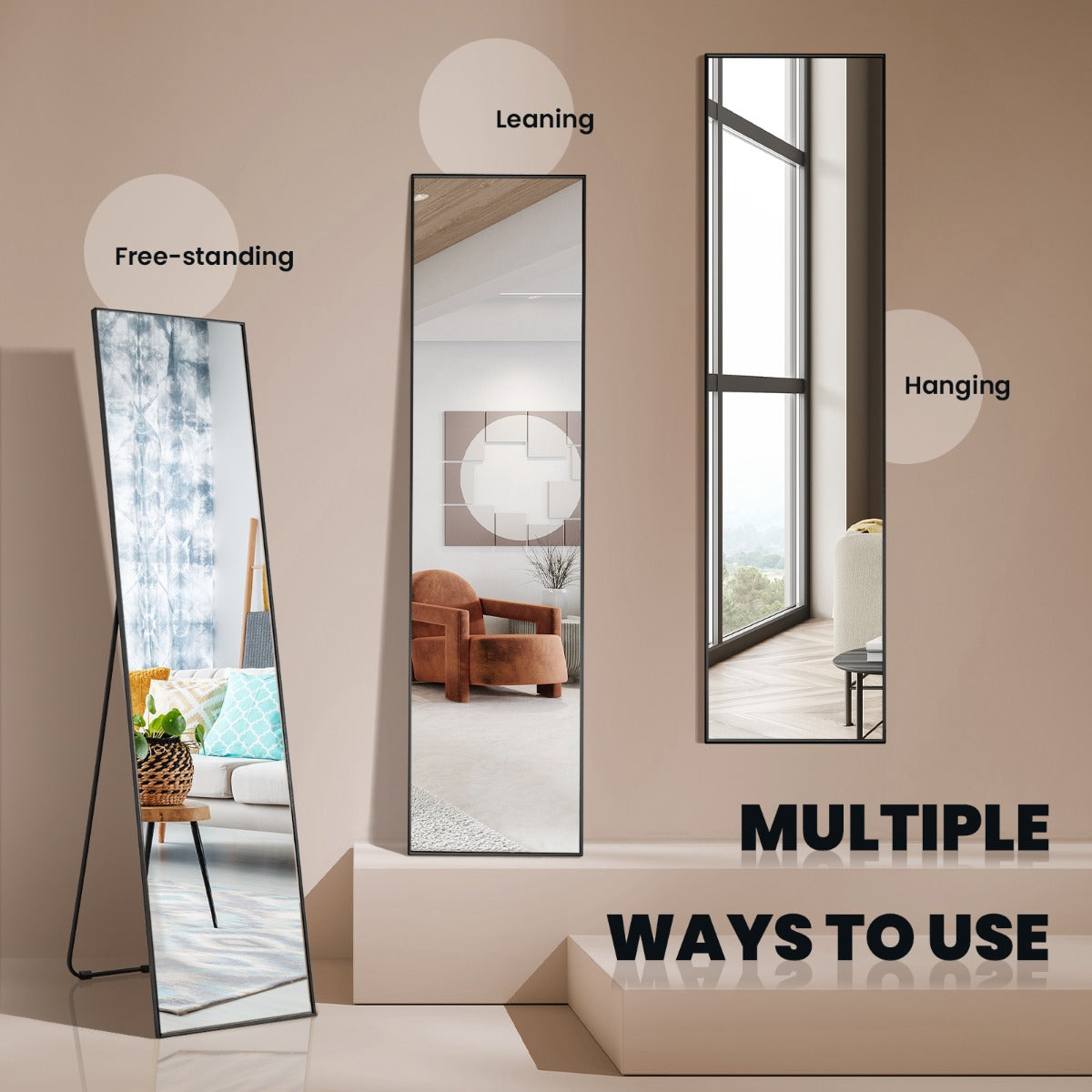 LIVSK Staande Spiegel - Volledige Lengte HD - Breukvast Glas - Aluminiumlegering - U-vormige Steun - 160 x 40 x 2 cm - Zwart