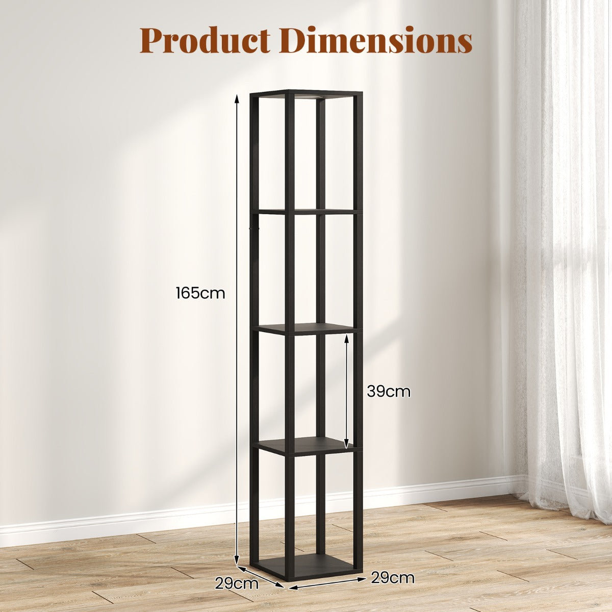 LIVSK 4-laags vloerlamp met planken - Dimbare LED - Voetenschakelaar - Ruimtebesparend design - Voor boeken en decoraties - Zwart