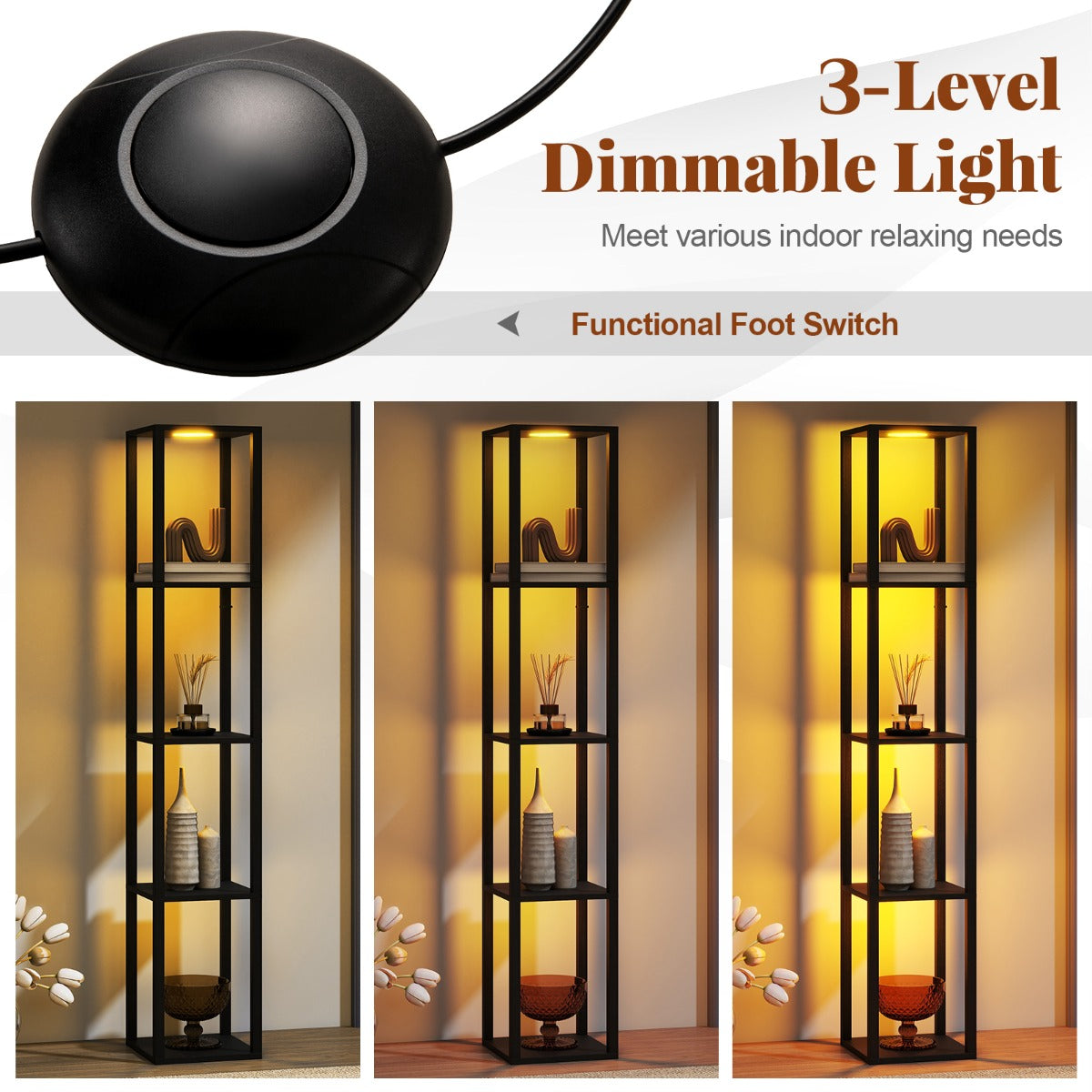 LIVSK 4-laags vloerlamp met planken - Dimbare LED - Voetenschakelaar - Ruimtebesparend design - Voor boeken en decoraties - Zwart