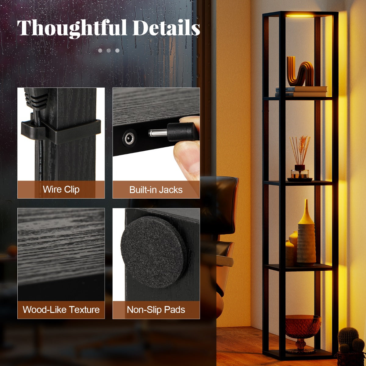 LIVSK 4-laags vloerlamp met planken - Dimbare LED - Voetenschakelaar - Ruimtebesparend design - Voor boeken en decoraties - Zwart