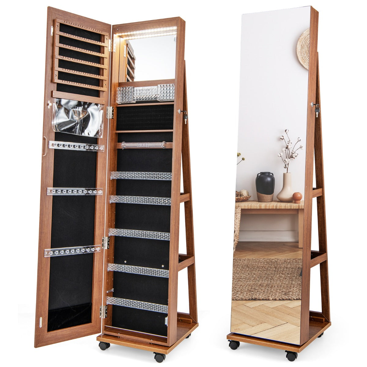 LIVSK Juwelenkast met Spiegel en LED Verlichting - 3-in-1 Ontwerp - Afsluitbaar - Verstelbare Planken - 40 x 38 x 163 cm - Bruin