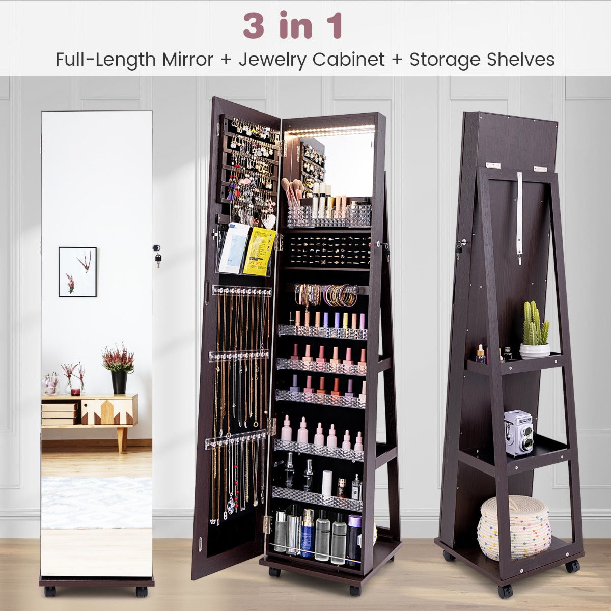 Livsk costway 163 cm afsluitbare juwelenkast geintegreerde make upspiegel 3 kleurige led verlichting verstelbare legplanken universele wielen paars 3