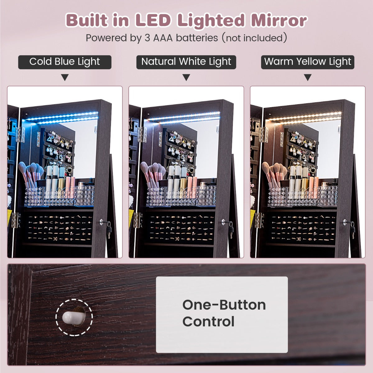 Livsk costway 163 cm afsluitbare juwelenkast geintegreerde make upspiegel 3 kleurige led verlichting verstelbare legplanken universele wielen paars 6