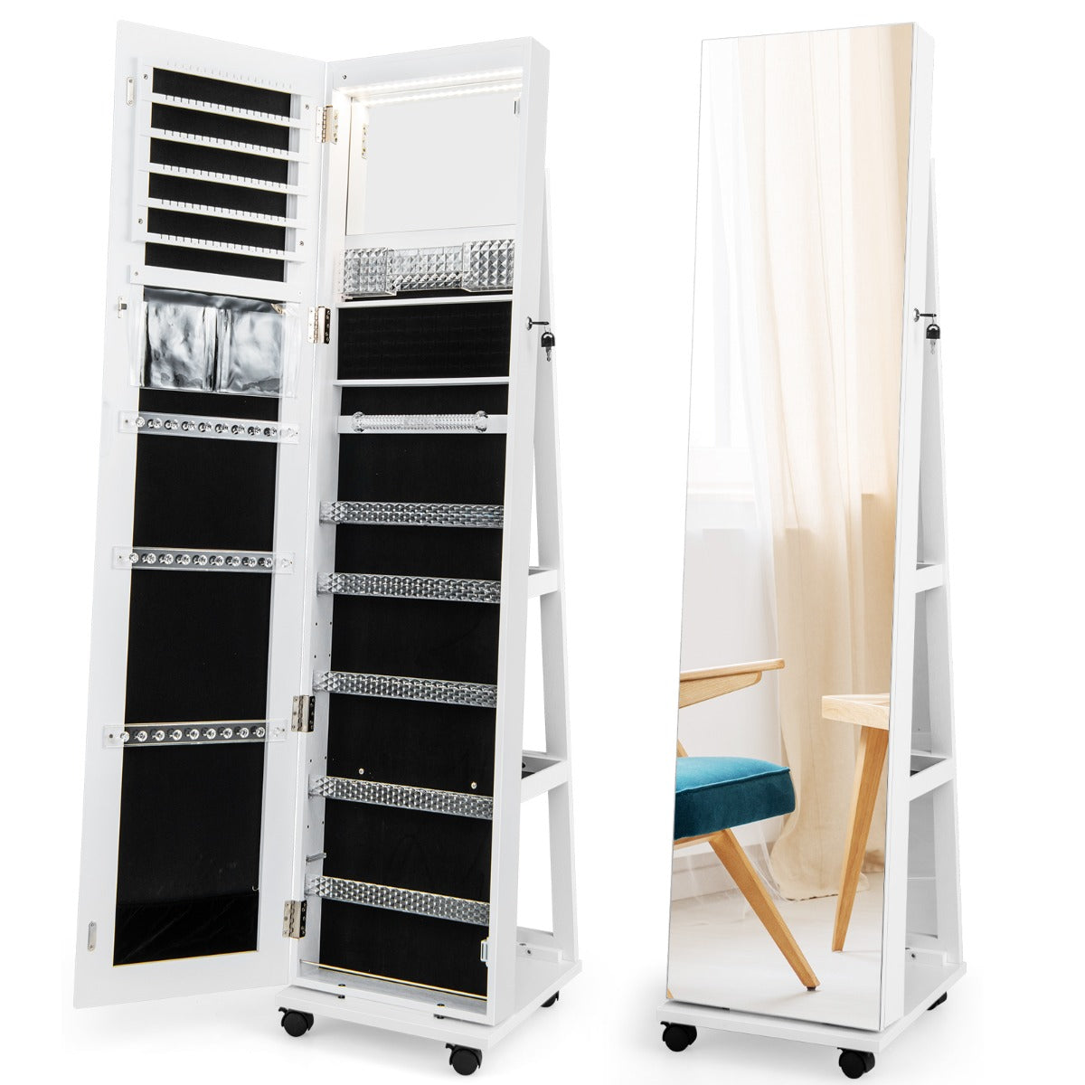 LIVSK Juwelenkast met Spiegel en LED-verlichting - 3-in-1 Ontwerp - 108 Oorbellen Sleuven - Opbergplanken - Bruin