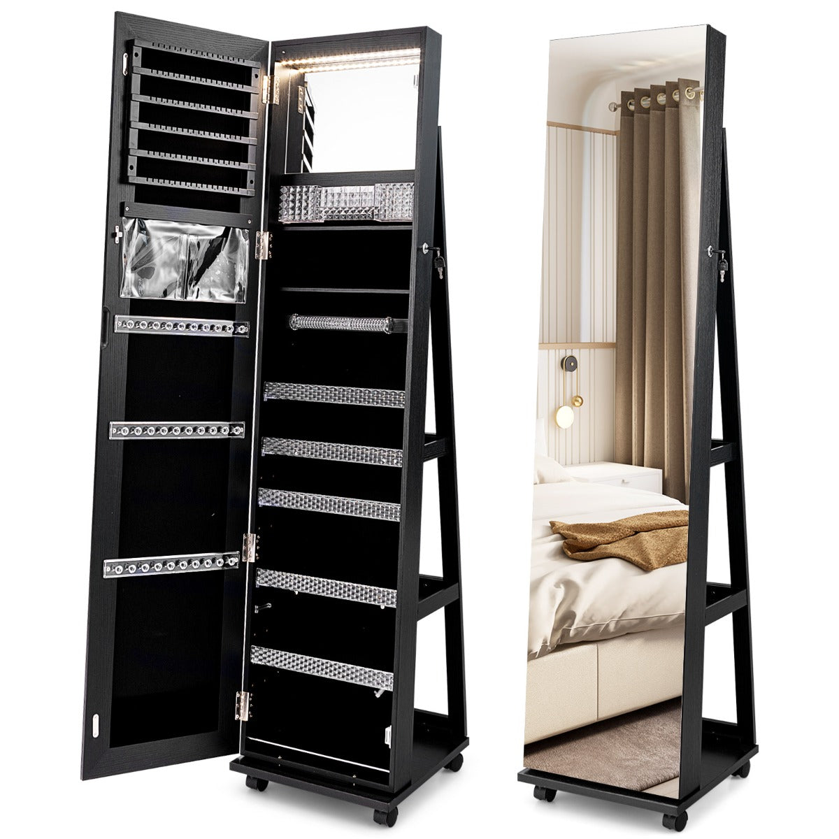 Livsk costway 163 cm afsluitbare juwelenkast geintegreerde make upspiegel 3 kleurige led verlichting verstelbare legplanken universele wielen zwart 1 1