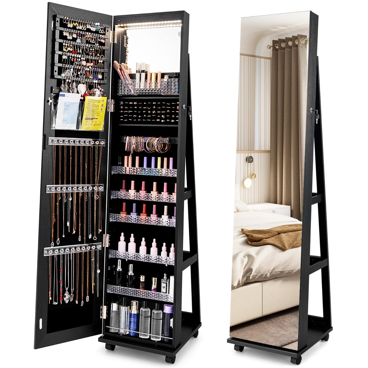 Livsk costway 163 cm afsluitbare juwelenkast geintegreerde make upspiegel 3 kleurige led verlichting verstelbare legplanken universele wielen zwart