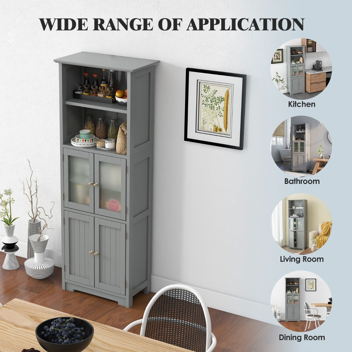 LIVSK Badkamer Opbergkast - 2 Open Legplanken - 2 Kasten met Verstelbare Planken - Modern Design - 60 x 30 x 163 cm - Grijs