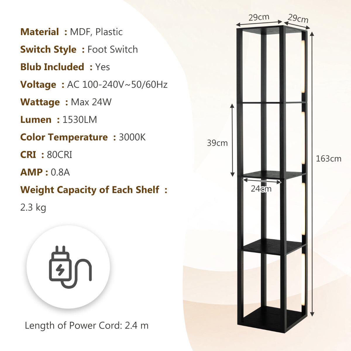 LIVSK Vloerlamp met Opbergplanken - 3-niveau Dimbare LED - Draaibare Palen - 4 Open Schappen - Zwart