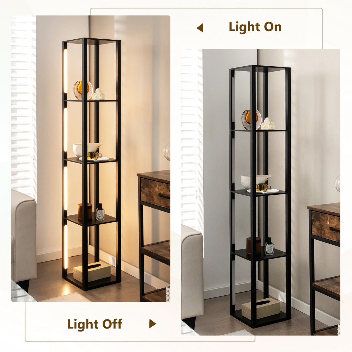 LIVSK Vloerlamp met Opbergplanken - 3-niveau Dimbare LED - Draaibare Palen - 4 Open Schappen - Zwart
