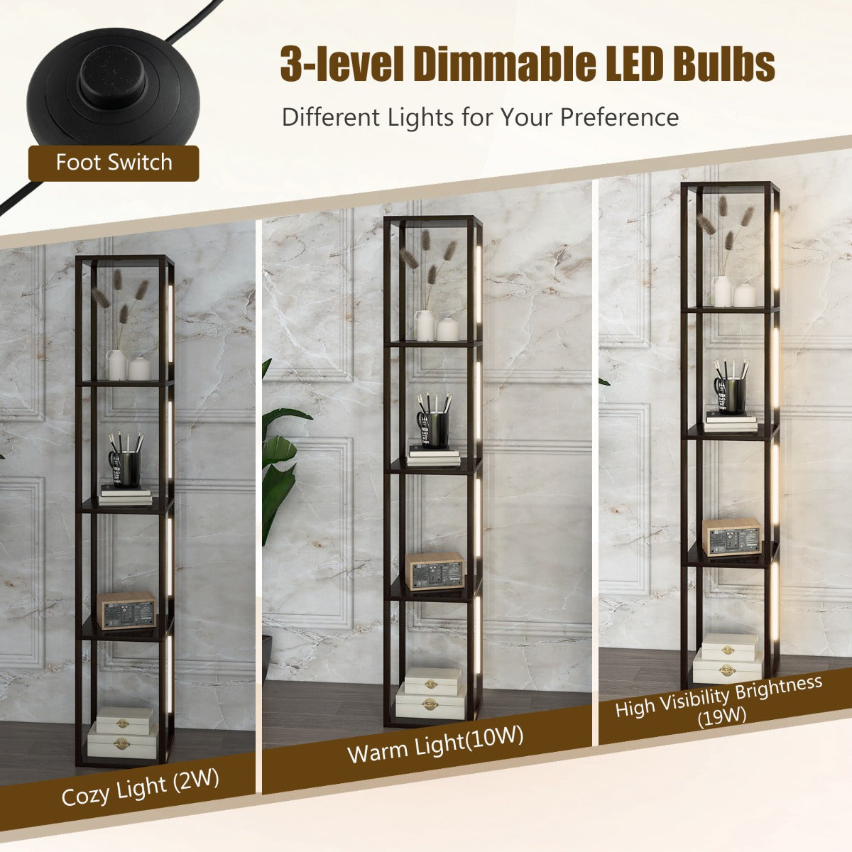 LIVSK Vloerlamp met Opbergrek - Dimbare LED met 3 Lichtniveaus - 360 Graden Draaibaar - 29 x 29 x 163 cm - Bruin