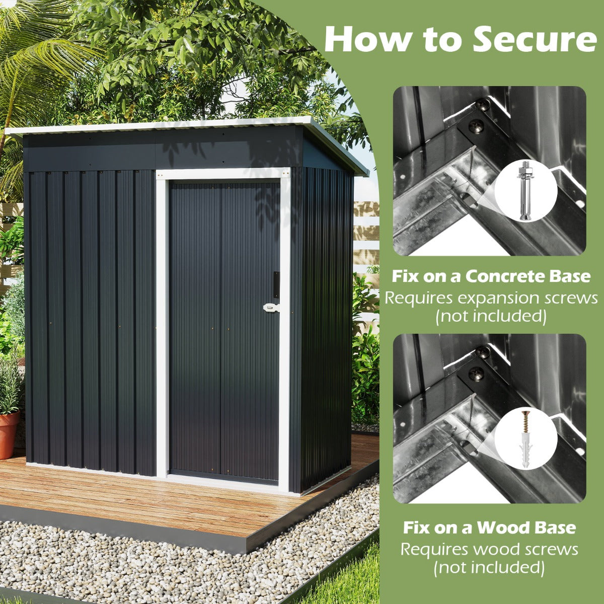 Livsk costway 163 x 86 x 181 cm metalen tuinhuisje met schuin dak afsluitbare schuifdeuren 5