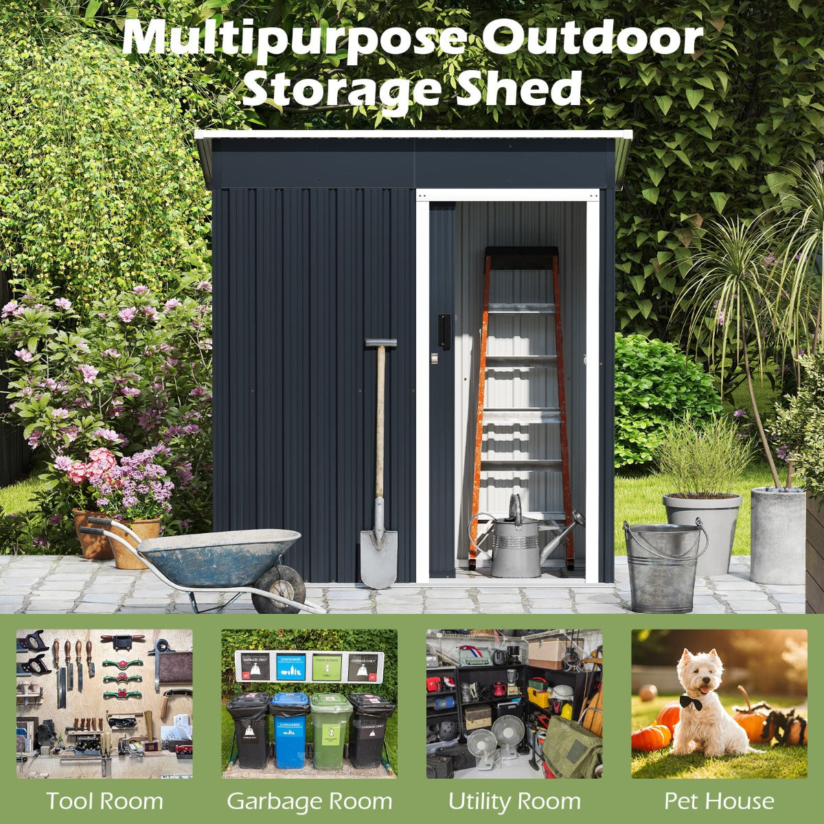Livsk costway 163 x 86 x 181 cm metalen tuinhuisje met schuin dak afsluitbare schuifdeuren 6