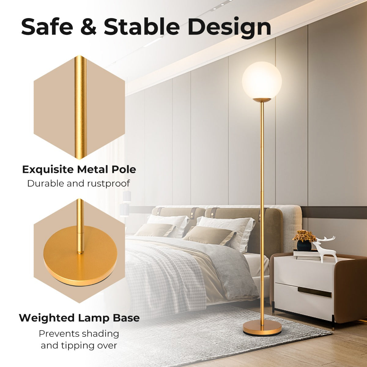 Livsk costway 164 cm staande lamp goudkleurige metalen staande lamp met voetschakelaar en verzwaarde voet 4