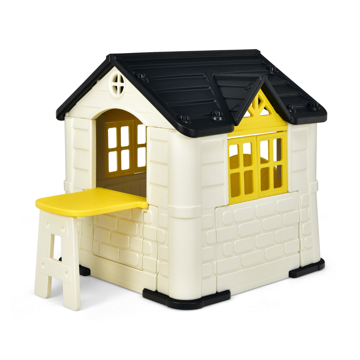 LIVSK Kinderspeelhuisje - Duurzaam HDPE - Inclusief Tafel en 7-delige Snackset - Voor Binnen en Buiten - 164 x 124 x 132 cm - Geel