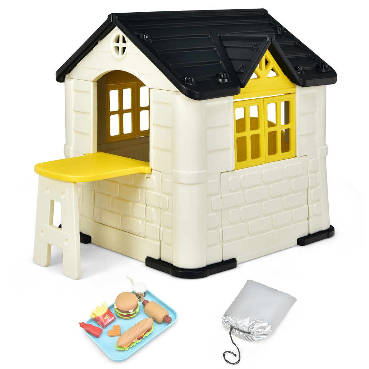 LIVSK Kinderspeelhuisje - Duurzaam HDPE - Inclusief Tafel en 7-delige Snackset - Voor Binnen en Buiten - 164 x 124 x 132 cm - Geel