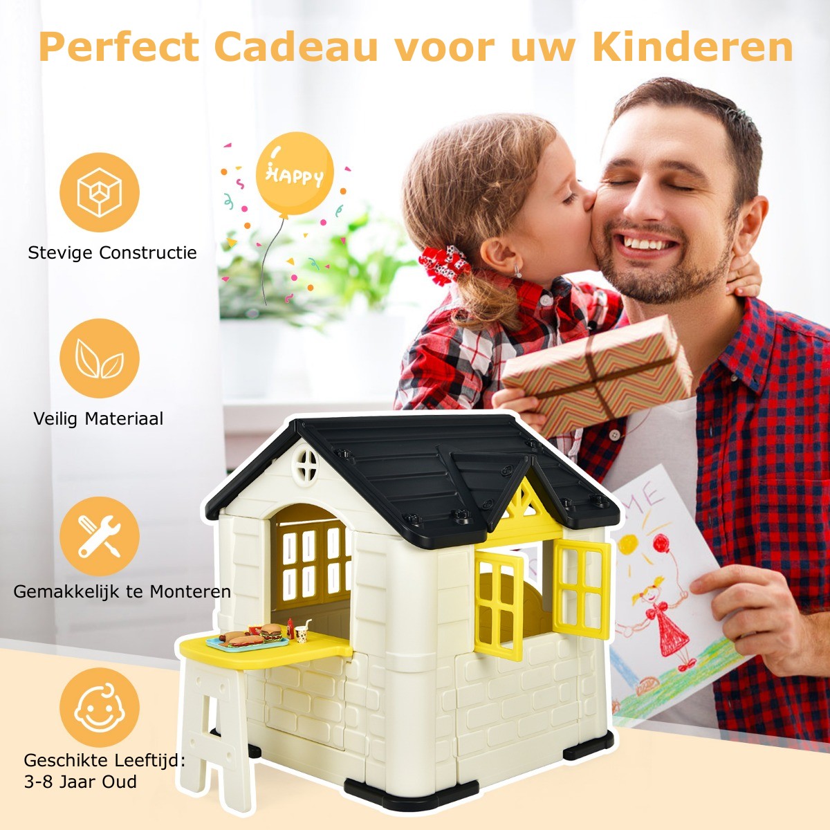 LIVSK Kinderspeelhuisje - Duurzaam HDPE - Inclusief Tafel en 7-delige Snackset - Voor Binnen en Buiten - 164 x 124 x 132 cm - Geel