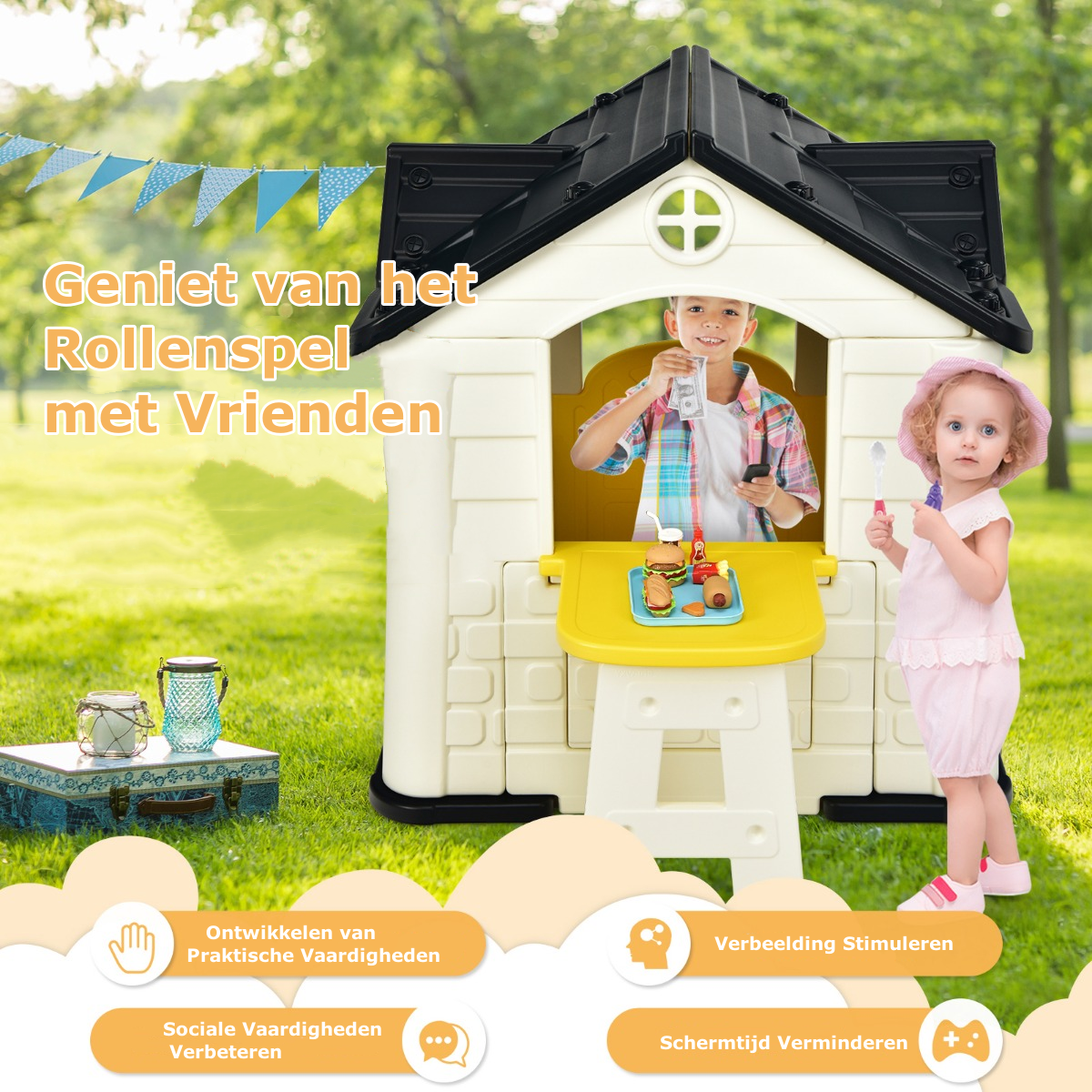 LIVSK Kinderspeelhuisje - Duurzaam HDPE - Inclusief Tafel en 7-delige Snackset - Voor Binnen en Buiten - 164 x 124 x 132 cm - Geel