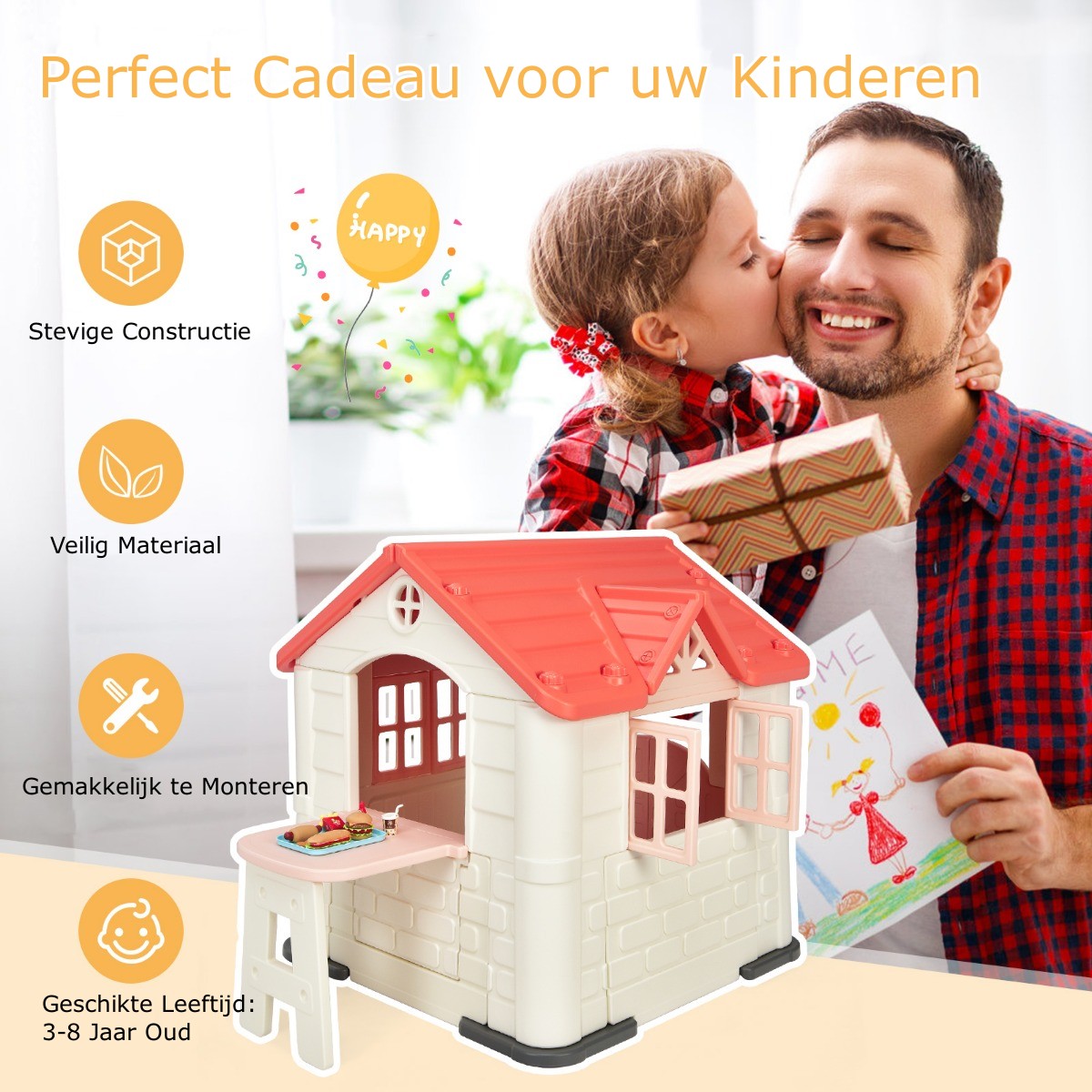 LIVSK Kinderspeelhuisje - Duurzaam HDPE - Werkende Deuren & Ramen - Inclusief Tafel en Snackset - Voor Binnen & Buiten - Roze