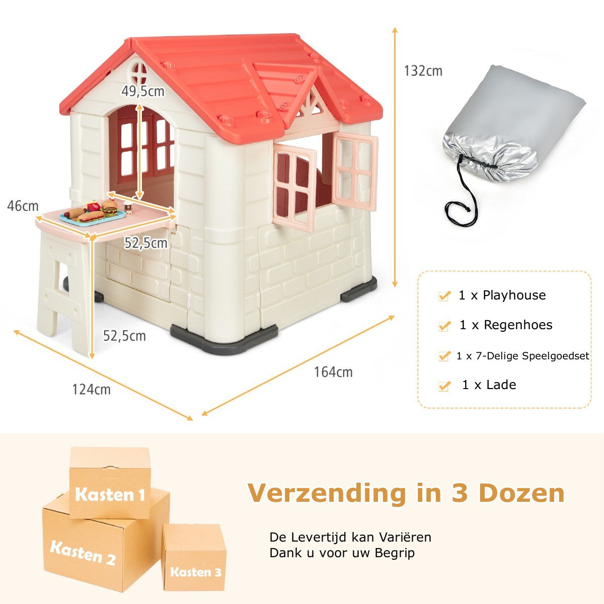 LIVSK Kinderspeelhuisje - Duurzaam HDPE - Werkende Deuren & Ramen - Inclusief Tafel en Snackset - Voor Binnen & Buiten - Roze